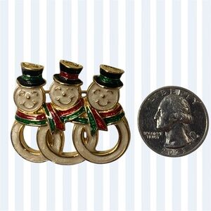 Vintage Gold Tone Enamel Interlocking Snowman Trio Christmas Lapel Pin Brooch